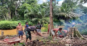 Anggota Satgas TMMD ke 120 Kodim 1204 / Sanggau Batu Warga Tebang Pohon