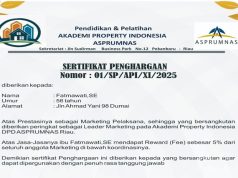 Luar Biasa, Fatmawati, SE Marketing Property API di Dumai Mendapat Penghargaan Sebagai Leader Marketing Property